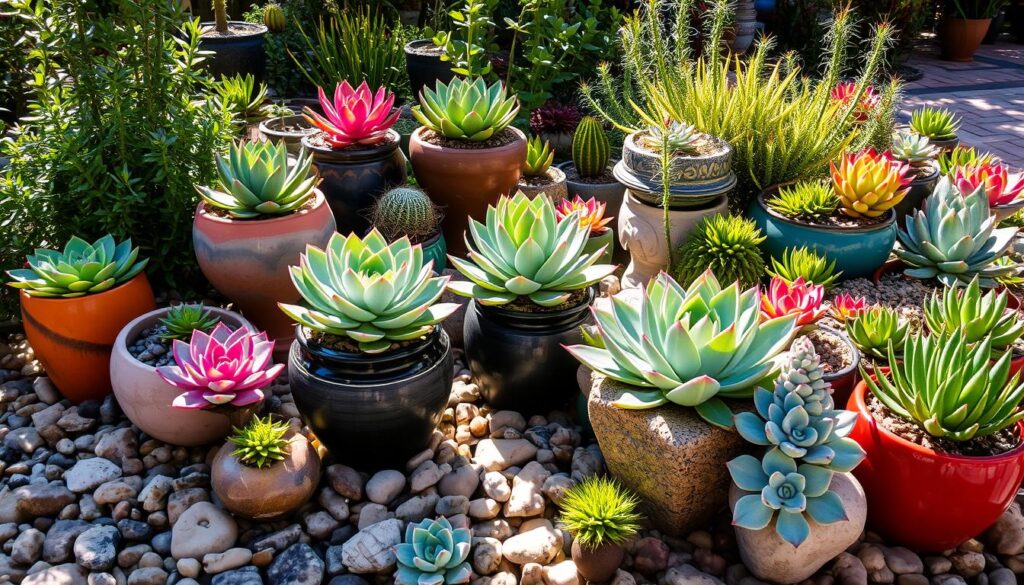 jardim de suculentas, com escolha adequada de vaso para suculentas de diferentes especies